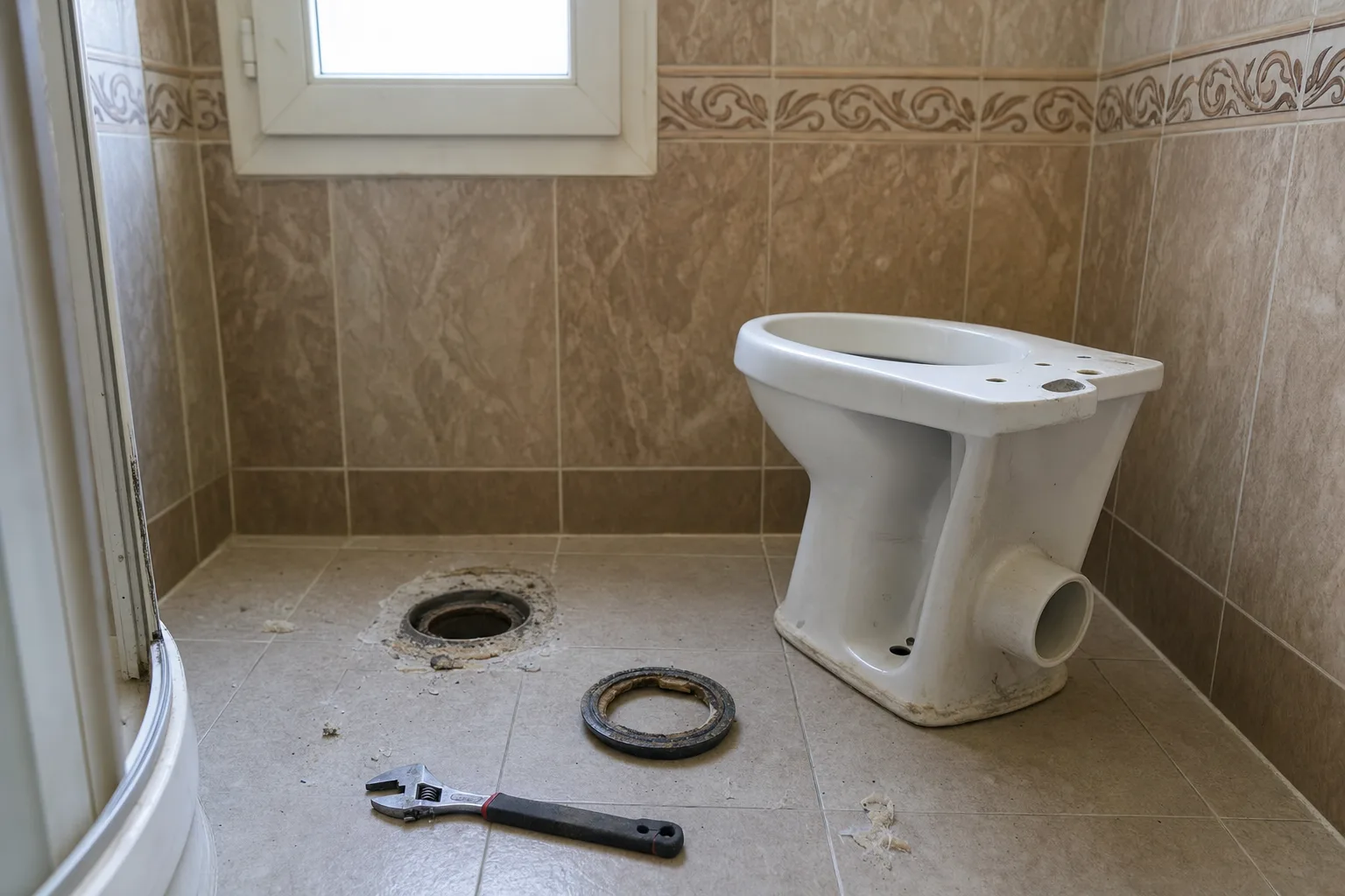 Banyo zemininden kaldırılmış beyaz klozet ve yanında duran eski taban contası ile açıkta kalan gider ağzı